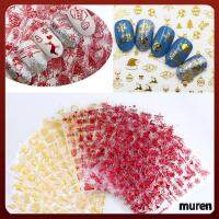 MUREN แถบเลื่อน3D คริสต์มาสสีแดงทองสีเงินติดเกล็ดหิมะแบบทำมือสติกเกอร์ลอกลายทำเล็บธีมคริสต์มาสสติ๊กเกอร์ติดเล็บ