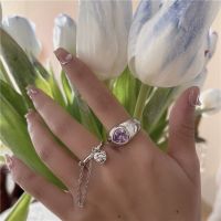 ROBATE สีเหล็ก ของขวัญ บุคลิกภาพ รักสุดหัวใจ คริสตัลสีม่วง เพชร รูปหัวใจ โซ่ แหวนผู้หญิง เปิดแหวน สไตล์เกาหลี แหวนนิ้ว