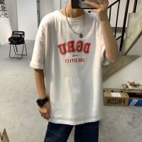 【M-5XL】Letter Printing Oversize Trendy Short sleeve T-shirt Men Loose Breathable youth tshirt 5-point tee for Leisure