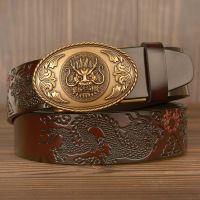 Mens Belt Oval Dragon Pattern Coskin Leather Belt Business Casual Mens Carved Dragon Pattern Self Buckle Belt Jeans New