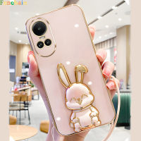 ขาตั้งฝาครอบสำหรับ OPPO Reno 10 5G เคสโทรศัพท์ Reno 10Pro 10Pro + Plus 5G เคสนิ่มชุบโลหะด้วยไฟฟ้าทรงสี่เหลี่ยมหรูหราปกป้องกล้องตัวยึดกระต่ายกรอบด้านหลังกันกระแทกพร้อมสายคล้องฟรี