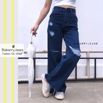 [พร้อมส่ง] BabarryJeans ยีนส์ทรงกระบอก เอวสูง แต่งขาด ปลายตัด สียีนส์เข้ม