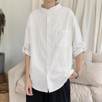 Shirt Mens Three-Quarter Sleeve Fashion Brand Korean Style Trendy Handsome Pu Shuai Casual Seven-Quarter Half Sleeve Shirt Short Sleeve Coat Mens Clothing