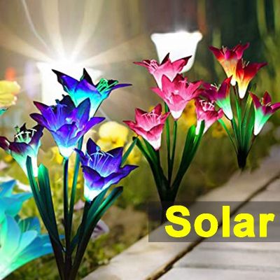 Waterproof Solar Outdoor Garden Lights with 4 Bigger Lily Flowers Waterproof 7 Color Changing Outdoor Lights for Garden Patio Yard Pathway Decoration