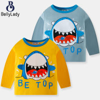 Boys Cotton T-shirt Cartoon Shark Printing Bottoming Shirt Colorblock Round Neck Long Sleeves Tops【fast】