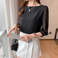 Korean Style Temperament Plain Casual Work Shirt Women Summer 34 Sleeve Chiffon Blouse Yellow Black