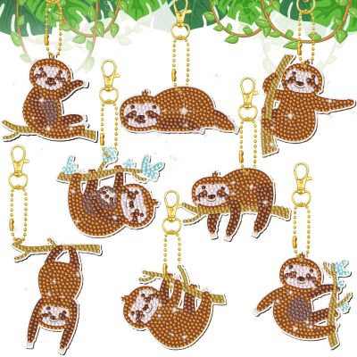 【hot】❏☋  8pcs Painting Keychains 5D Rings Sloth Hanging Ornaments Crafts