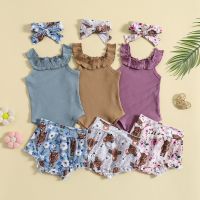 3PCS Baby Girls Clothes Sets Solid Color Ribbed Romper and Floral Cattle Head Print Shorts Sets Summer Outfit with Headband  by Hs2023