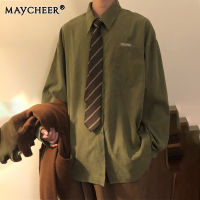 MAYCHEER เสื้อแขนยาวสีเขียววินเทจทรงหลวมของผู้ชายเสื้อแขนยาวลำลองบางๆที่สามารถสวมใส่ด้านนอกได้