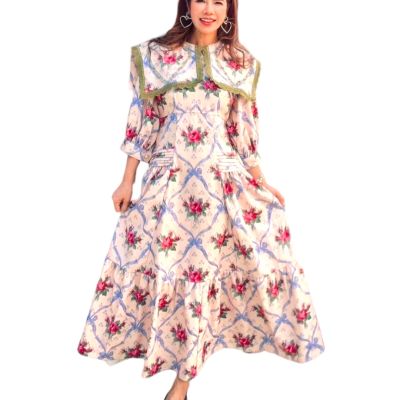 P010-261 PIMNADACLOSET - 3/4 Puff Sleeve Collar Neck Crepe Satin Floral Print Flare Maxi Dress