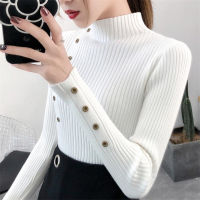 2020 Women Autumn Knitted Slim Sweaters Solid Knitted Female Cotton Soft Elastic Color Pullovers Button Full Sleeve Turtleneck