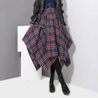 2021Korean Style Woman Red Plaid Asymmetrical Skirt Sashes High Waist Midi Belted Ladies Casual Unique Irregular Checker Skirt 3027