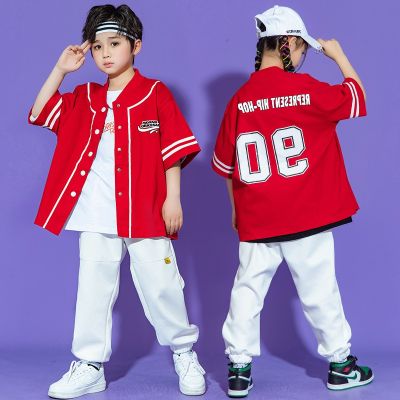 [COD] Boys hip-hop suit summer childrens handsome short-sleeved trendy clothes hiphop girls red catwalk show costumes