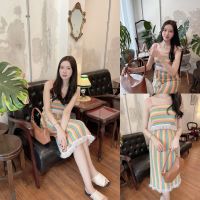 SLYQ RAINBOW FRAYED KNIT TOP &amp; SKIRT SET ชุดเซ็ทเสื้อสายเดี่ยวคู่กับกระโปรงยาวคลุมเข่าลายทางเรนโบว์