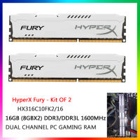 HyperX Fury 16GB (8GBX2) DDR3 1600MHz CL10 240-Pin หน่วยความจำเล่นเกมเดสก์ท็อป PC3-12800 1.5V DDR3L 1.35V 240ขาชุดอุปกรณ์2ช่องสำหรับเล่นเกม PC RAM (HX316C10FK2/16) สีขาว