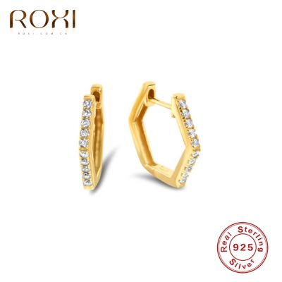 ROXI AsymmetryHexagon Crystals Hoop Earrings for Women Jewelry Ins Huggie Earrings 925 Sterling Silver Geometry Ear Buckles