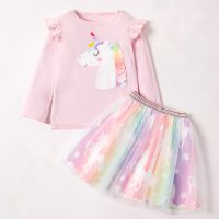 Summer Unicorn Girls Clothing Sets Cute Cartoon Cotton Coat And Mesh Skirt Princess Girls Suit 3-8 Years Party Gift Kids Clothes