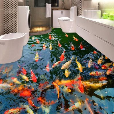 [24 Home Accessories] พีวีซีกาวตนเองกันน้ำ3D ชั้นภาพจิตรกรรมฝาผนังปลาทองบ่อภาพผนังกระดาษสติกเกอร์ห้องน้ำห้องครัวตกแต่งบ้านกระดาษ De Parede