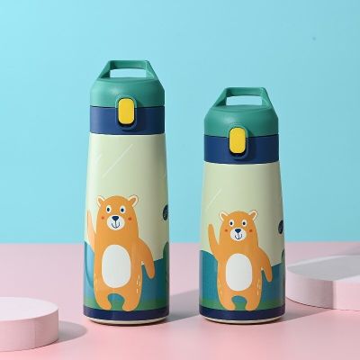 Kids Thermal Water Bottle Stainless Steel Straw Thermos Cup Cartoon Leak-Proof Vacuum Flask Children Thermos Bottle For SchoolTH