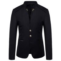 ฤดูใบไม้ผลิ2022ใหม่ผู้ชายแฟชั่นปุ่มตกแต่ง Blazer Coat สไตล์จีน Slim Fit Stand Collar สีทึบชุด Jacket