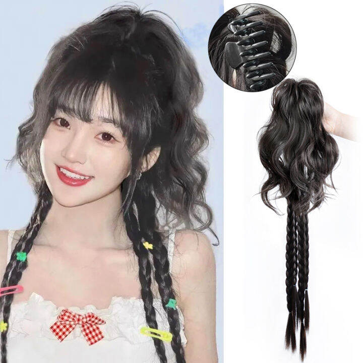 Synthetic Long Curly Bun wig and 4 Braids Integrated Ponytail Wig with ...