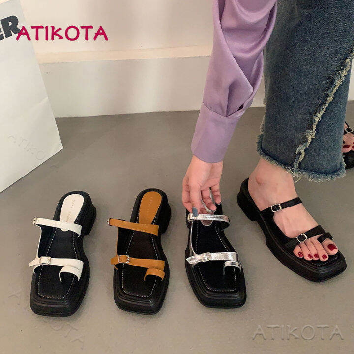 atikota-รองเท้าแตะ-พื้นหนา-หัวเหลี่ยม-สไตล์เกาหลี-แฟชั่นสําหรับผู้หญิง