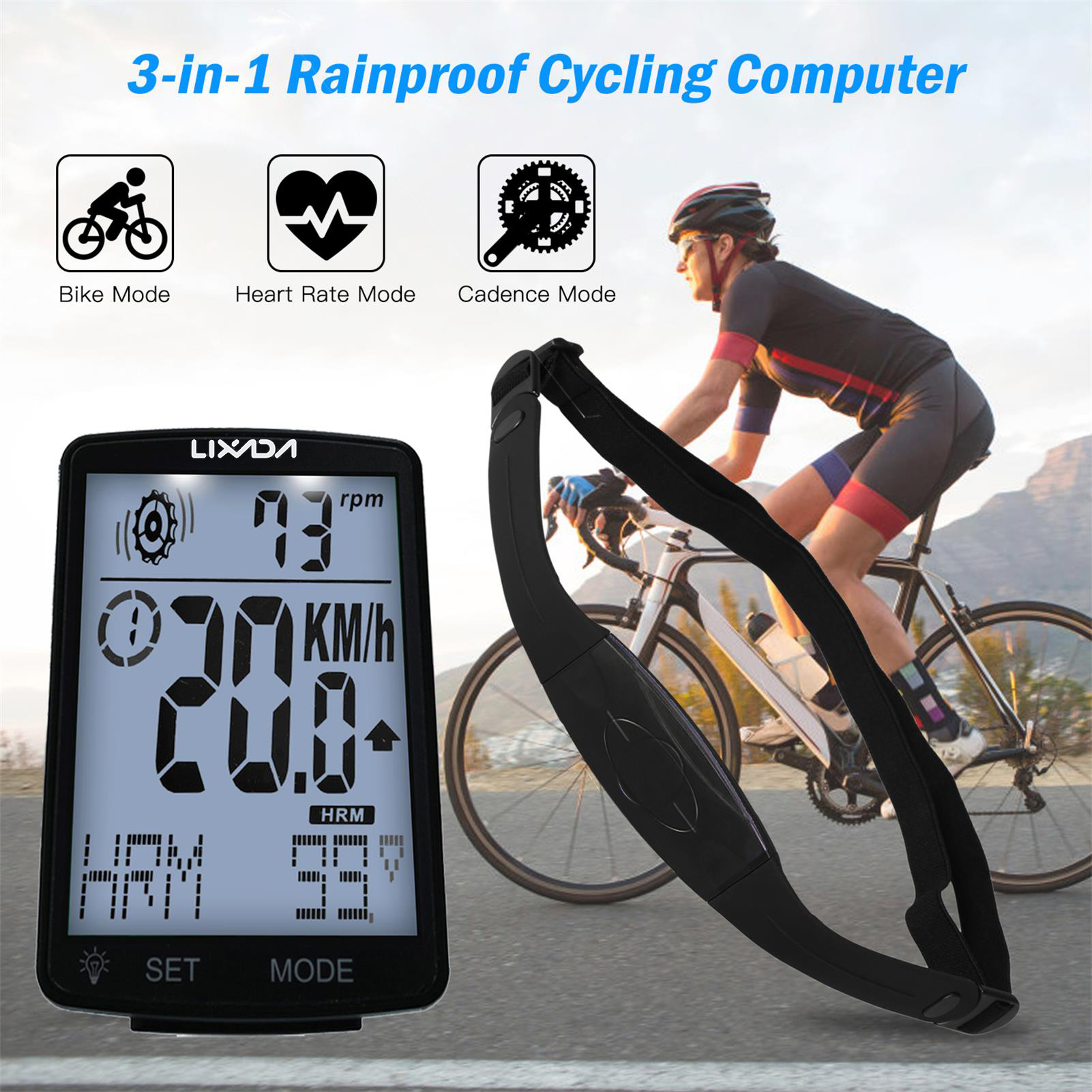 Lixada 3-in-1 Wireless Bicycle Cycling Computer with Cadence Heart Rate Monitor Chest Strap Waterproof 