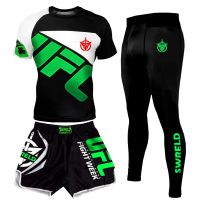 IRT UFC Venom SWRELD เสื้อยืดสามชิ้นแน่นเสื้อยืดออกกำลังกายการต่อสู้กางเกงขาสั้นมวยไทยมวยกางเกงนักสู้ Sanda