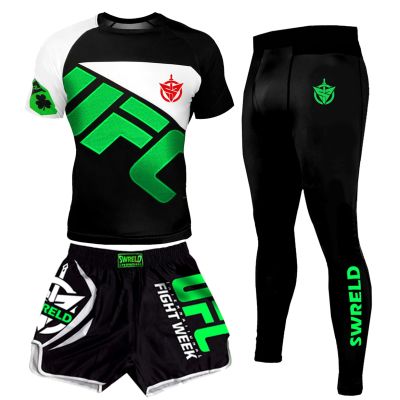 IRT UFC Venom SWRELD เสื้อยืดสามชิ้นแน่นเสื้อยืดออกกำลังกายการต่อสู้กางเกงขาสั้นมวยไทยมวยกางเกงนักสู้ Sanda