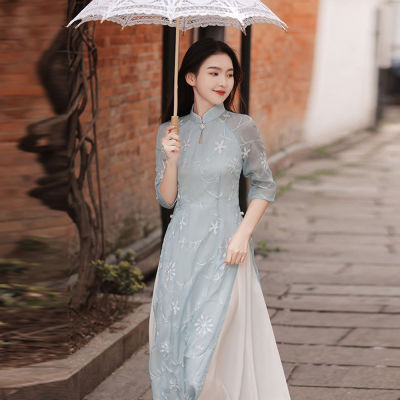 Landuxiu Cheongsam Young Simple Elegant Retro Chinese Style Modern Long Qipao High-end Oriental Wedding Party Floral Dress