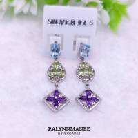 BA033 ต่างหูพลอยโทพาซ,เพอริดอท,อเมทิสต์แท้ ( Topaz,peridot,amethyst ) แบบอิงลิชล็อคตัวเรือนเงินแท้ชุบทองคำขาวยาว 3.5 ซม.