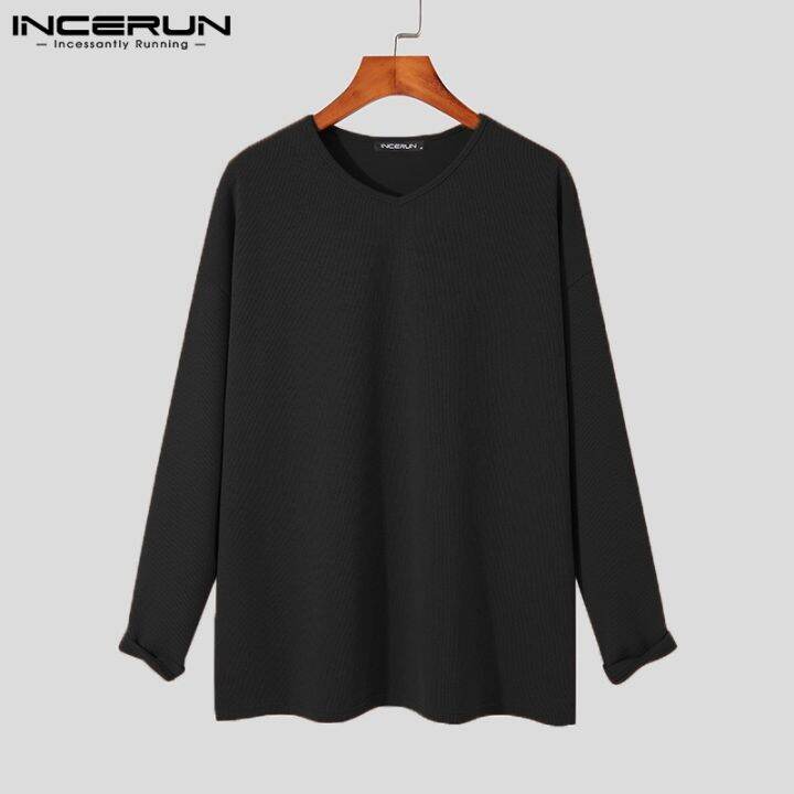 incerun-เสื้อท็อปคอกลมแขนยาวผ้าถักสีพื้นสําหรับผู้ชาย