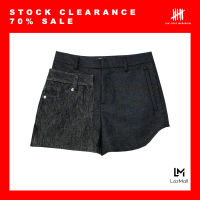 (SIX P.M.) HIGH CUT SHORTS ASYMMETRIC PATTERN 2 TONE CUTTING WITH DENIM / กางเกงขาสั้นตัดสูงด้านนึง กางเกงขาสั้นยีนส์ ตัดต่อยีนส์หนึ่งข้าง แพทเทินครีเอทีฟ / AW19