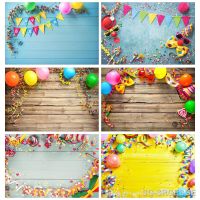 Laeacco Colorful Balloons Ribbon Wooden Board Planks Party Baby Photography Background Photo Backdrops Photocall Photo Studio