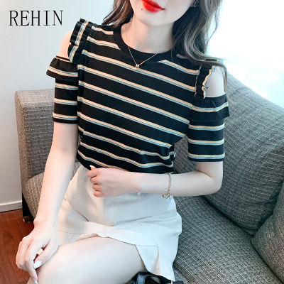 REHIN เสื้อยืดคอกลมแขนสั้นลายทางสำหรับผู้หญิง,ใหม่เสื้อเบลาส์ไม่มีสายรัดเสื้อยืดใส่ได้ทุกโอกาสสำหรับฤดูร้อน