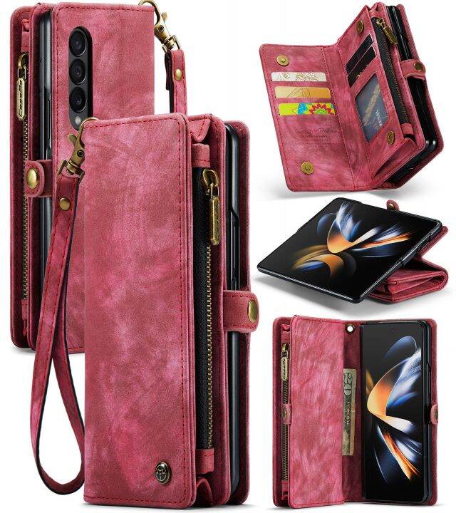 hoce-zfold4-fold5-galaxy-z-z-แบบอเนกประสงค์มีซิปทนทานเคสโทรศัพท์หนังมีกระเป๋าเงิน-pu-สำหรับ-samsung-galaxy-z-z-fold-5-5g-ซิปปกคลุมย้อนยุคพับได้พร้อมสายรัดข้อมือ