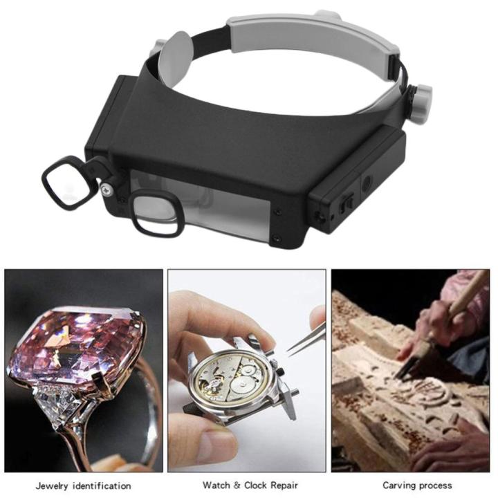 แว่นขยายคาดศีรษะหมวกกันน็อคพร้อมหัวไฟ-led-2ชิ้นที่แว่นขยายที่คาดผมปรับได้แว่นขยายสำหรับการซ่อมการอ่าน