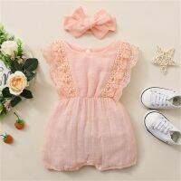 【Beautywoo】0-24Mน่ารักเด็กทารกแรกเกิดเพศหญิงเซทเสื้อผ้าฤดูร้อนลูกไม้Ruffle Romper Playsuits Headband 2Pcsเด็กผู้หญิงSolidชุด