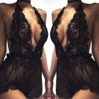 COD DSFGERTERYII Women Sexy Deep V-Neck Halter See Through Lace Sleepwear G-String Underwear