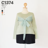 C1374 เสื้อผ้ายืดผูกโบว์อกชีฟอง ยาว26