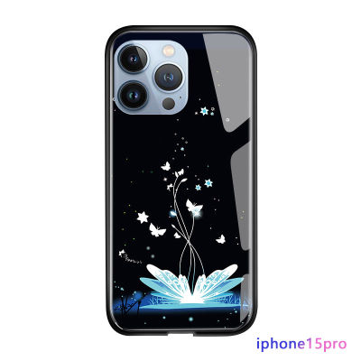 GGK เคสสำหรับ Apple iPhone 15 Plus 15 Pro Max 15 Pro รูปผีเสื้อหรูหราเหมือนในฝันลายดอกไม้ดาวเคสกันกระแทกกระจกนิรภัยมันวาวเคสฝาหลัง