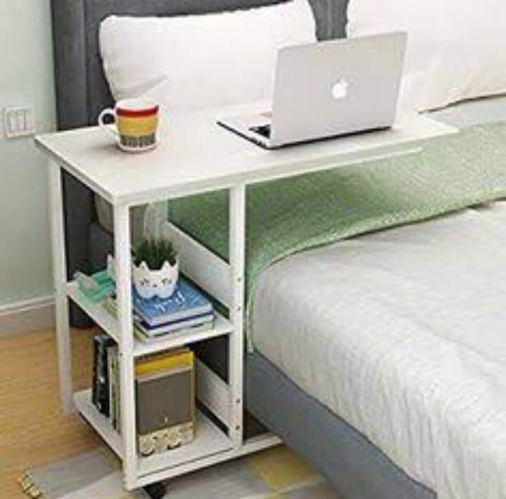 Sofa Bed Side Table Laptop Desk with Shelves & Wheels (White) Lazada PH