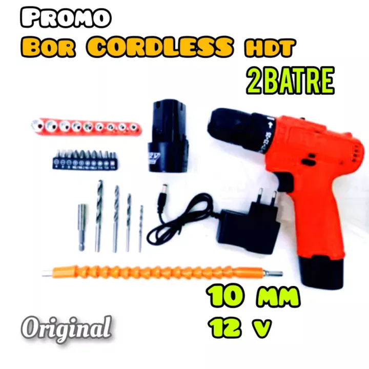 HDT CDD405 MESIN BOR CHARGER AKSESORIS CORDLESS DRILL BATERAI 12V SET ...