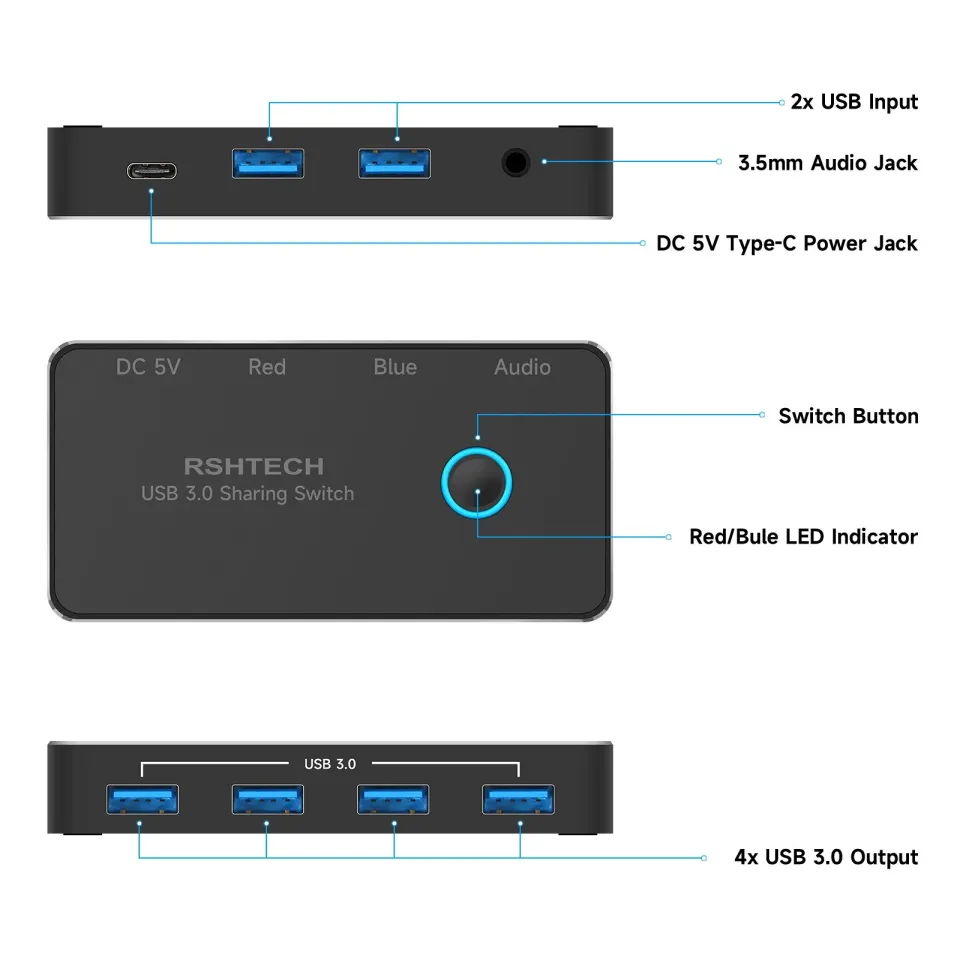  USB 3.0 Switch RSHTECH Aluminum USB Switch Selector with 4 USB  3.0 Ports, 3.5mm Audio Jack, 2 Computers Sharing 5 Peripheral Devices, USB  KM Switcher hub with 2 USB Cable for Keyboard, Mouse, Printer : Electronics