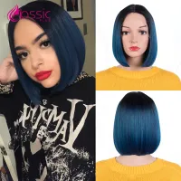 Classsic Plus 10 inch Short Bob Straight Wigs for Women High quality Ombre Black Blue Synthetic Lace Wig Cosplay Party Daily Wig  Hair Extensions Pads