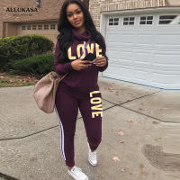 2020 Plus Size 2 Piece Set Women Outfit LOVE Letter Print High Neck Hoodies Sweatshirt Pants Tracksuit Streetwear Casual Suit