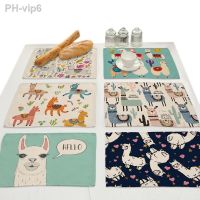 Cartoon Cute Alpaca Faux Linen Cloth Placemat Animal Dining Table Mat Cup Drink Coasters Kitchen Accessories Decoration Home