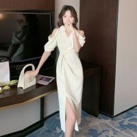 Goddess van 2023 summer new design feeling v-neck kink off-the-shoulder split dress show thin dress in pure color