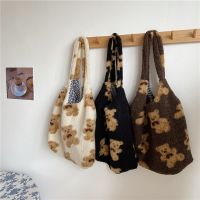 【Lanse store】Shopping Bags Handbags Fluffy School Bag Bear Fur Canvas Large Capacity Lamb Fabric Shoulder Tote