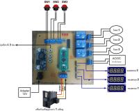 บอร์ดหยอดเหรียญ ตั้งเวลา 3 ช่องอิสระ จอแสดงผล 3 จอ (บาท/นาที)